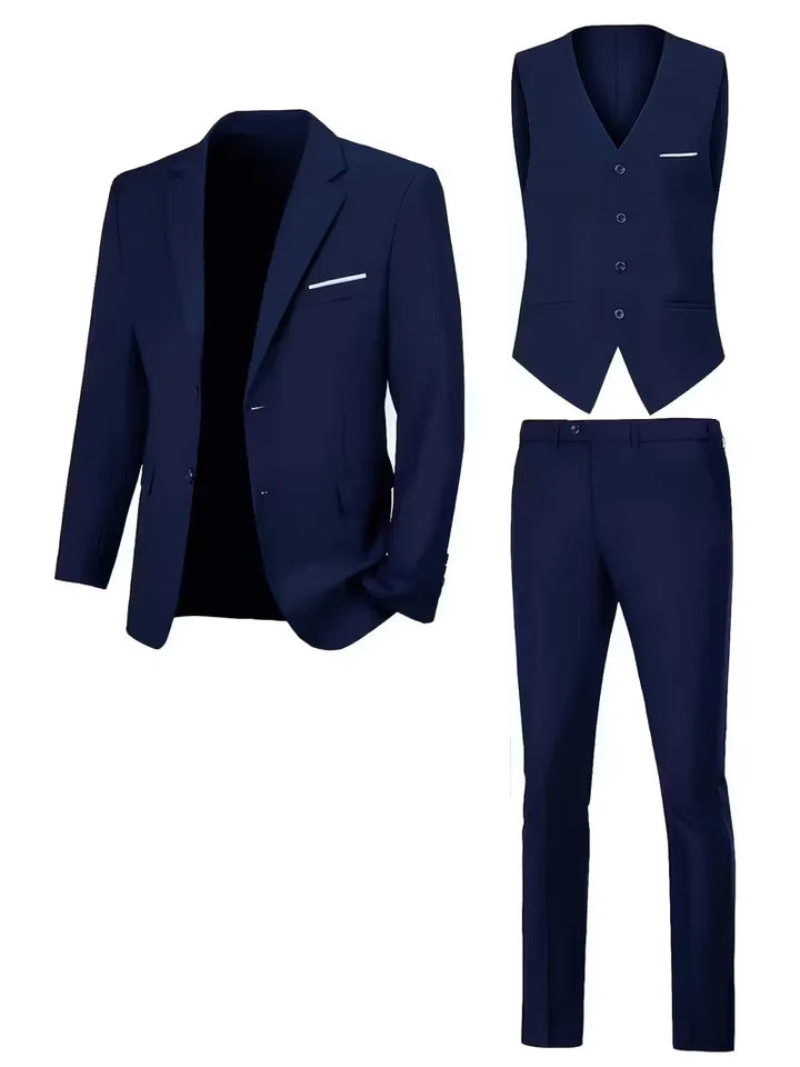High-quality men's slim fit 3-piece suit, notched lapels, perfect for formal gatherings.