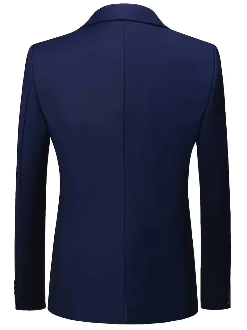 Men's elegant wedding guest suit: slim fit 3-piece, waistcoat, notched lapels.