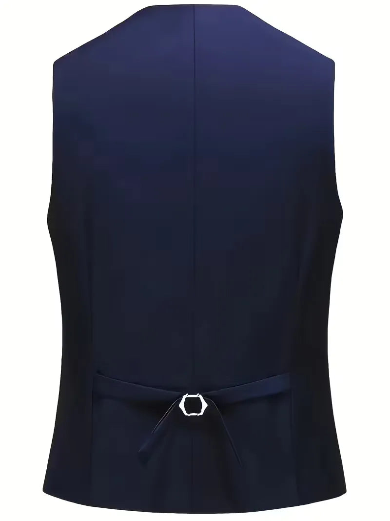 Sharp men's slim fit suit, three-piece with waistcoat & notched lapels. Professional & stylish.