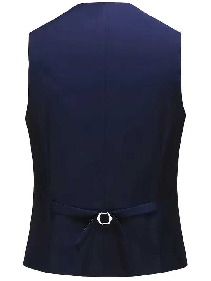 Sharp men's slim fit suit, three-piece with waistcoat & notched lapels. Professional & stylish.