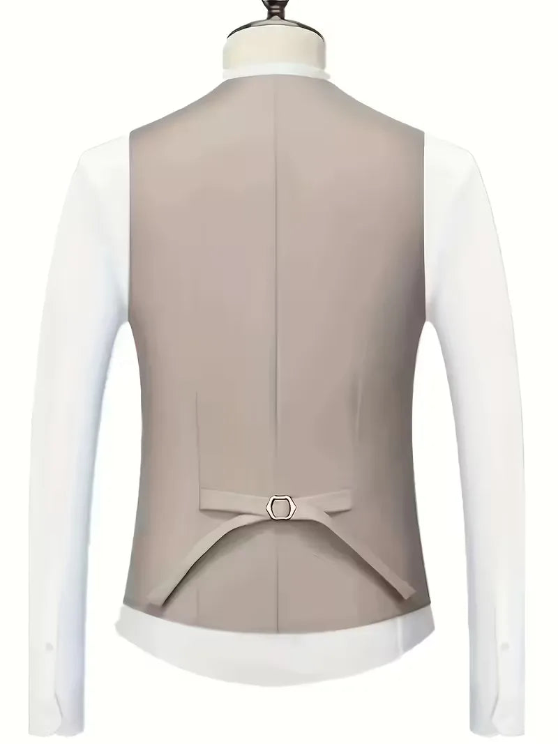 Handsome men's three-piece suit, slim fit design with elegant notched lapels & waistcoat.