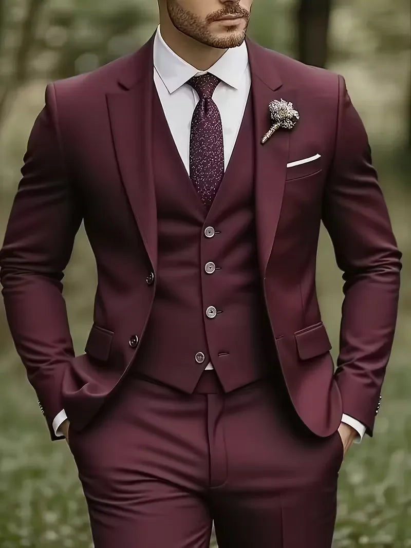 Modern men's slim fit 3-piece suit. Notched lapels & waistcoat offer a sleek, formal style.