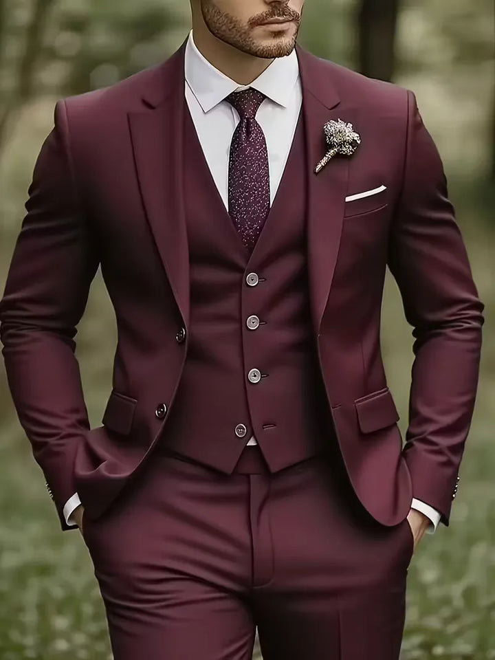 Modern men's slim fit 3-piece suit. Notched lapels & waistcoat offer a sleek, formal style.