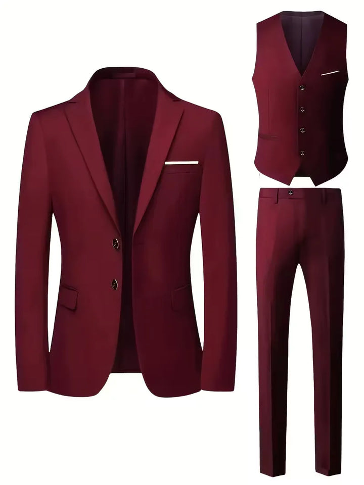 Wedding-ready men's slim fit suit, 3-piece set with notched lapels & matching waistcoat.