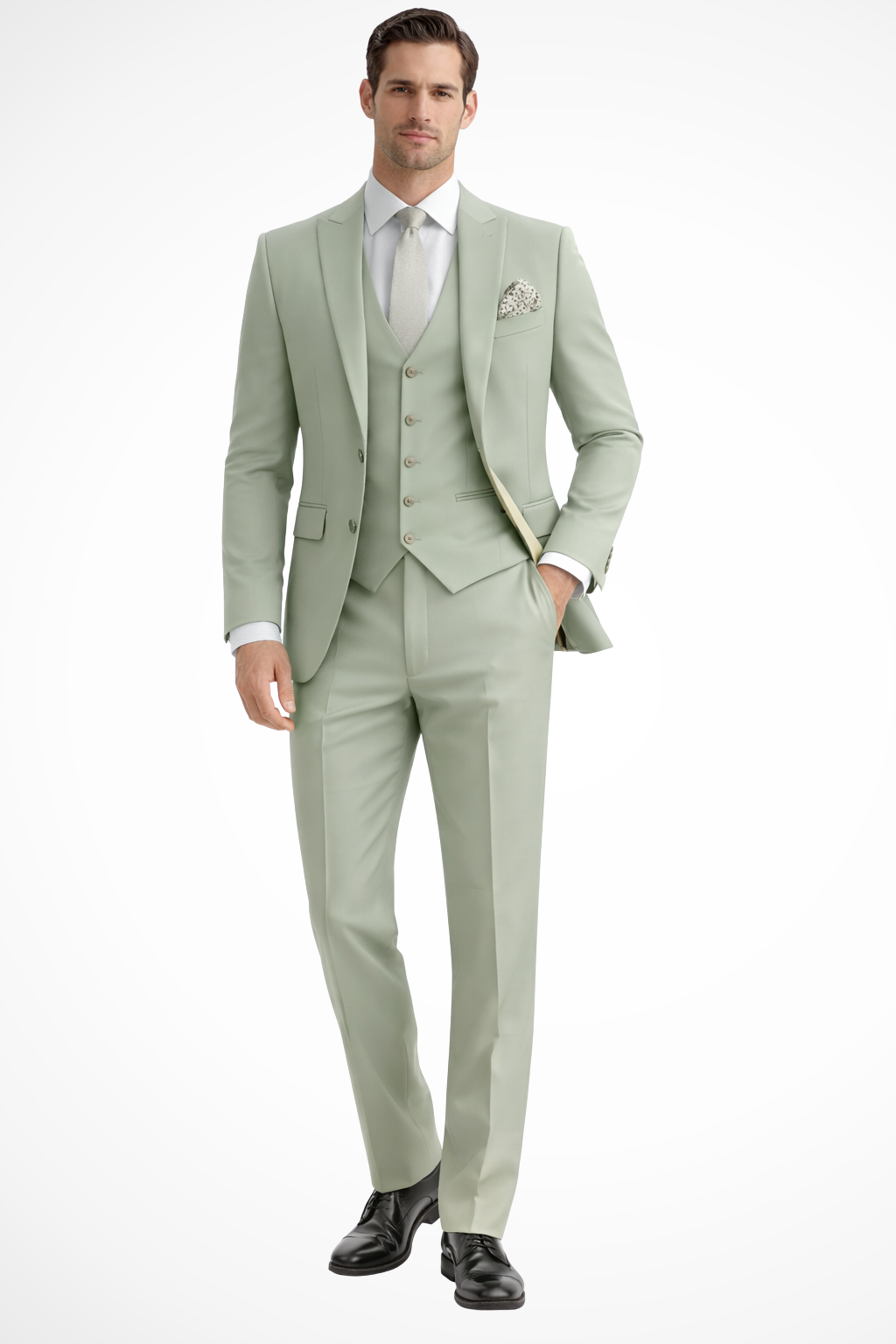 Men's Slim Fit 3-Piece Suit with Peak Lapel. Sharp tailored formal wear for sophisticated style.