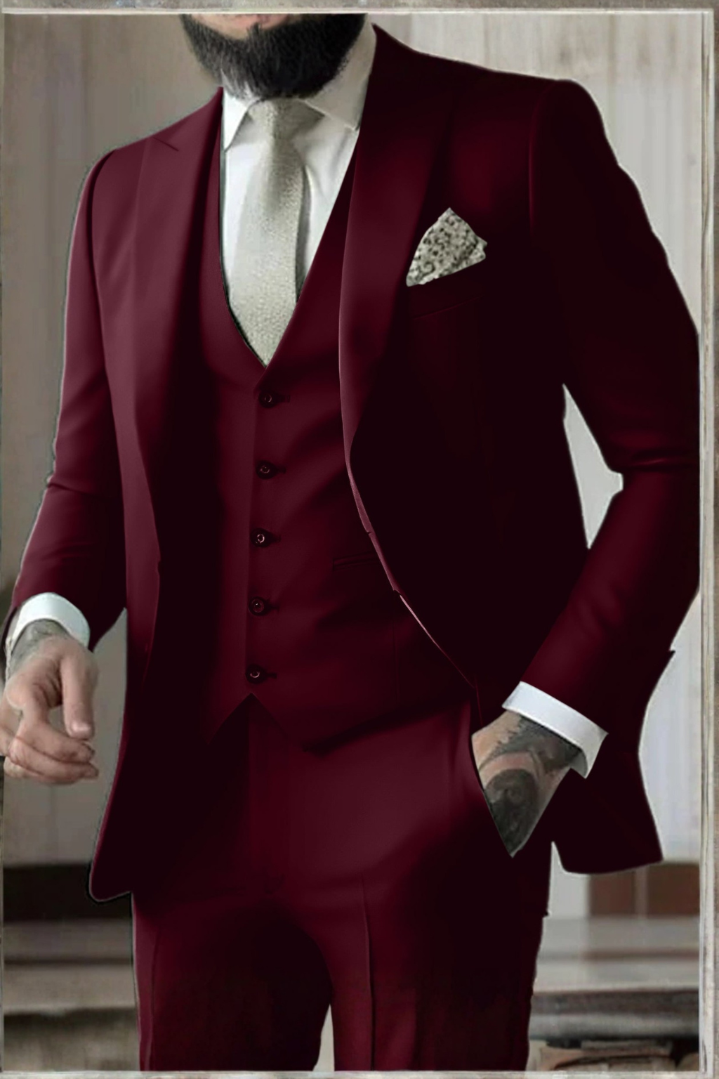 Men's sophisticated brown slim fit three-piece suit, featuring a stylish peak lapel.