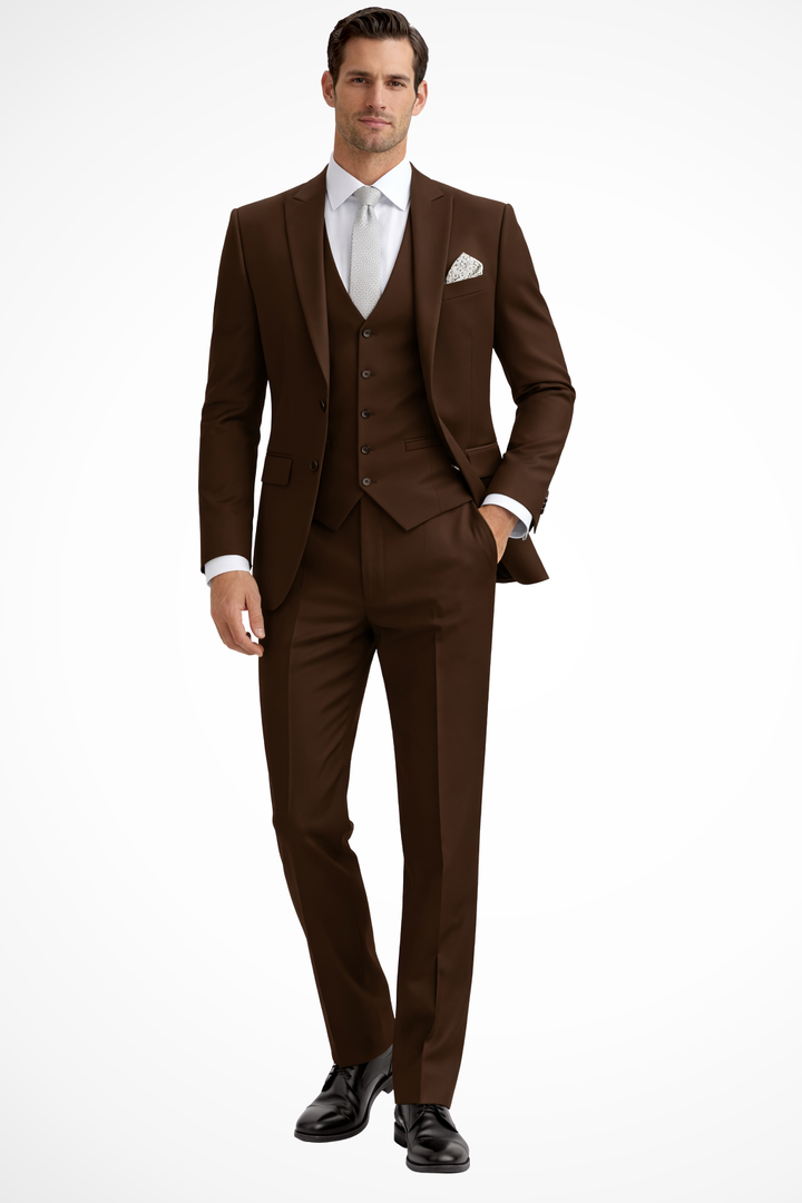 Elegant men's peak lapel 3-piece suit in a modern slim fit, ideal for weddings and parties.