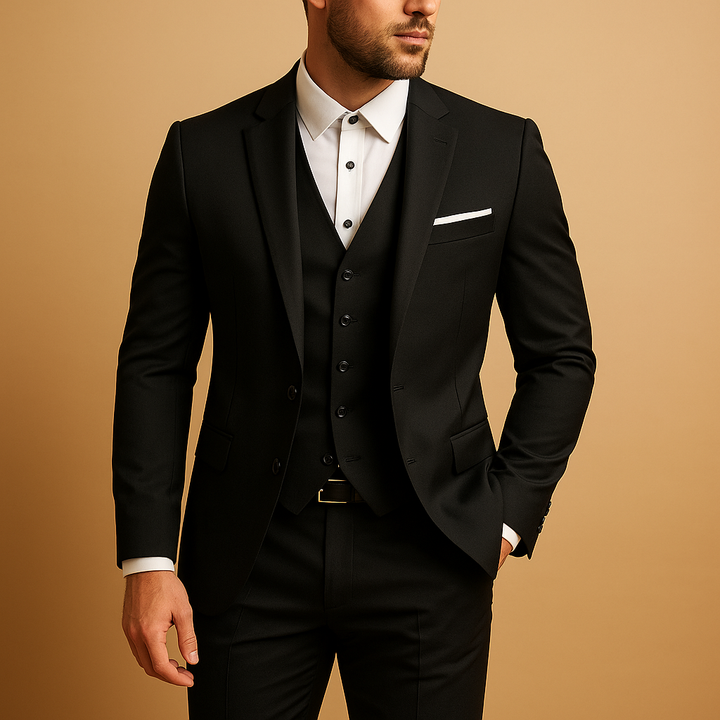 Men's slim fit 3-piece suit with waistcoat and pocket square, ideal for formal, business, or wedding wear.