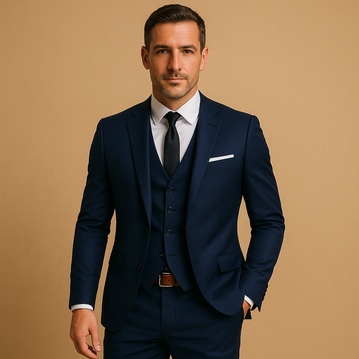 Full view of a men's slim fit suit, complete with a matching waistcoat, perfect for business or wedding events.