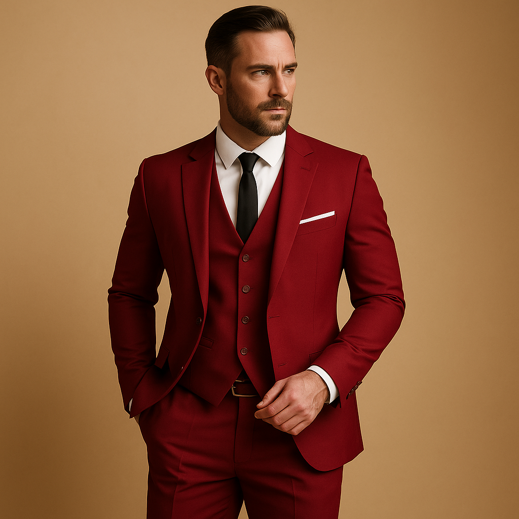 Elegant men's three-piece formal suit with waistcoat & pocket square, tailored for a sharp, sophisticated look.