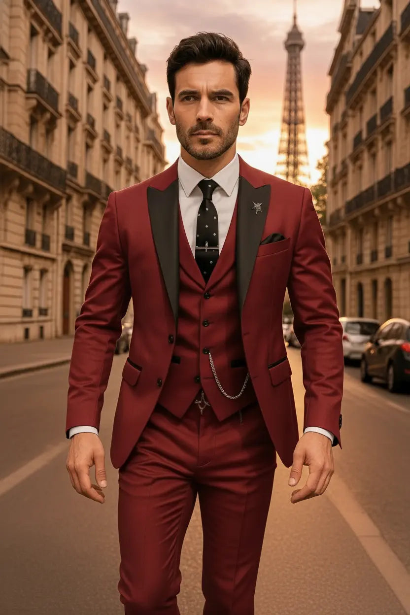 Full view: Men's slim fit 3-piece suit with waistcoat, showcasing elegant silhouette & event-ready style.