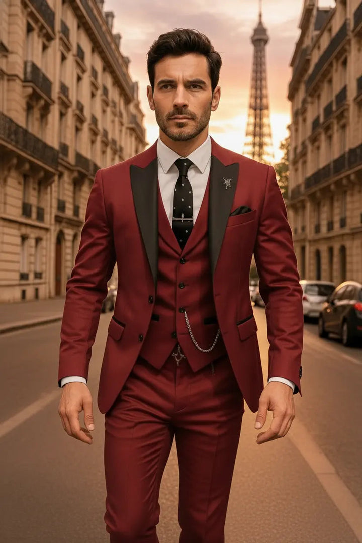 Full view: Men's slim fit 3-piece suit with waistcoat, showcasing elegant silhouette & event-ready style.