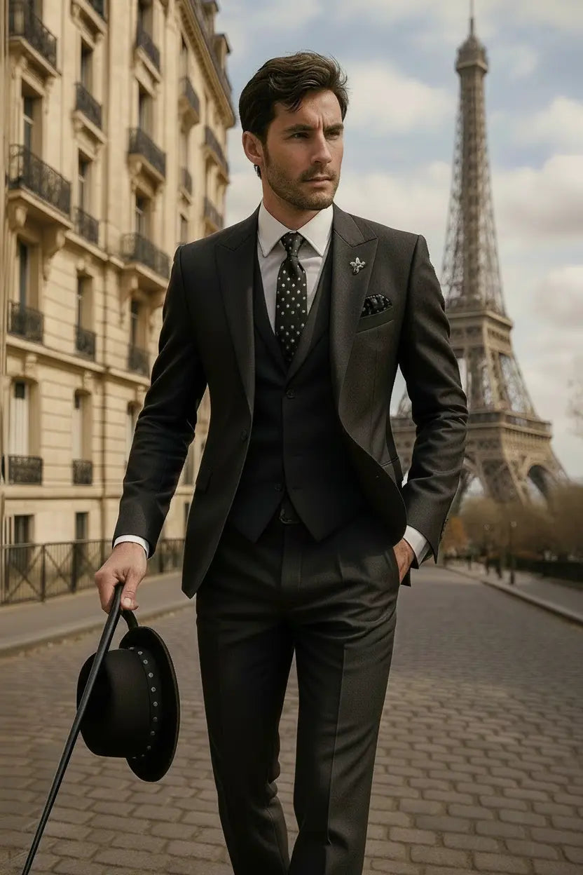 Tailored men's slim fit 3-piece suit, complete with matching waistcoat. Ideal for modern formal event attire.