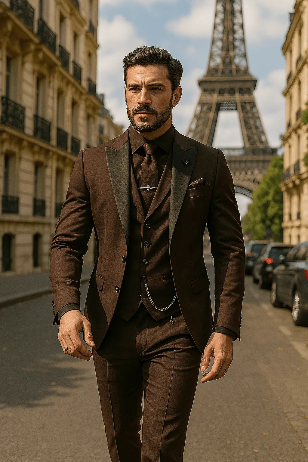 Stylish men's slim fit 3-piece suit with waistcoat. Achieve a sharp, sophisticated look for any formal event.