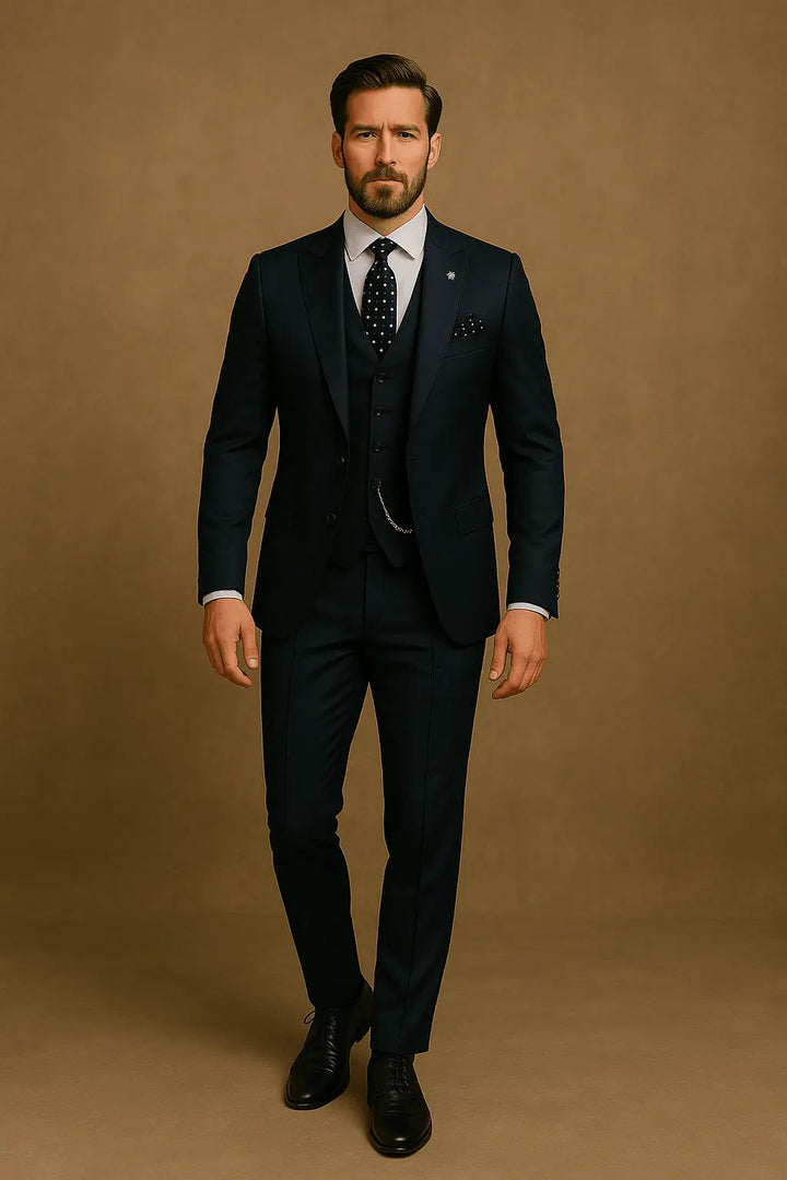 Comfortable & elegant men's slim fit 3-piece suit with waistcoat. Ideal for all-day formal events & parties.