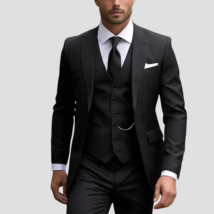 Men's slim fit 3-piece tailored formal suit set in navy blue.