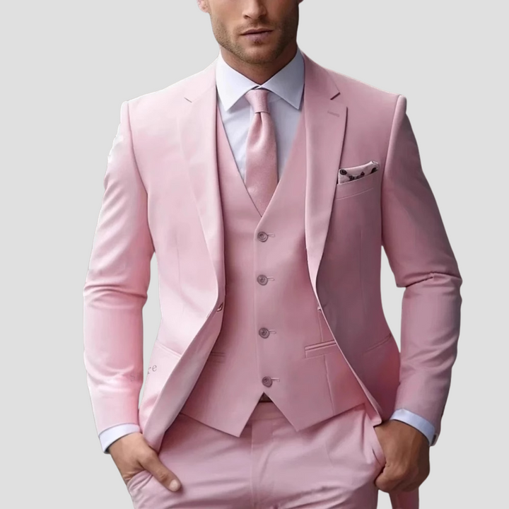 Detail of the modern fit and sharp lapels on a men's party outfit suit.