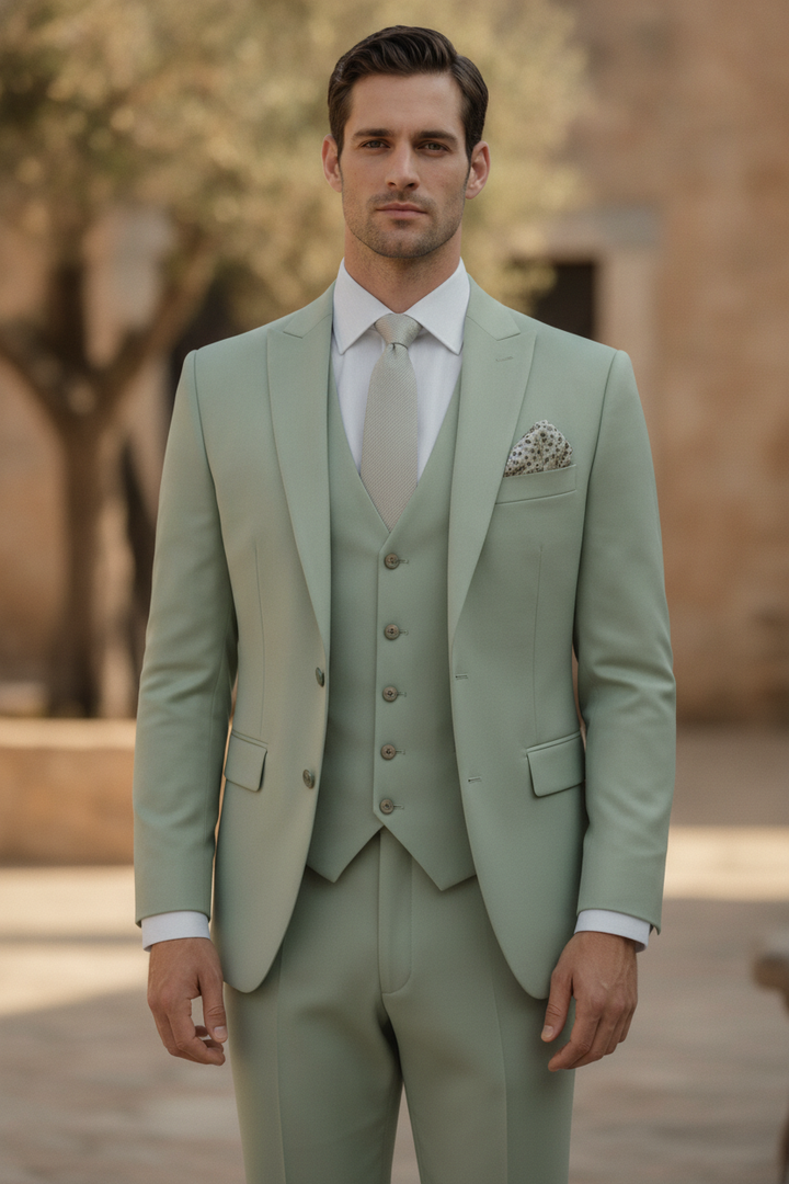 Men's slim fit 3-piece wedding guest suit with stylish peak lapel, perfect for formal events.