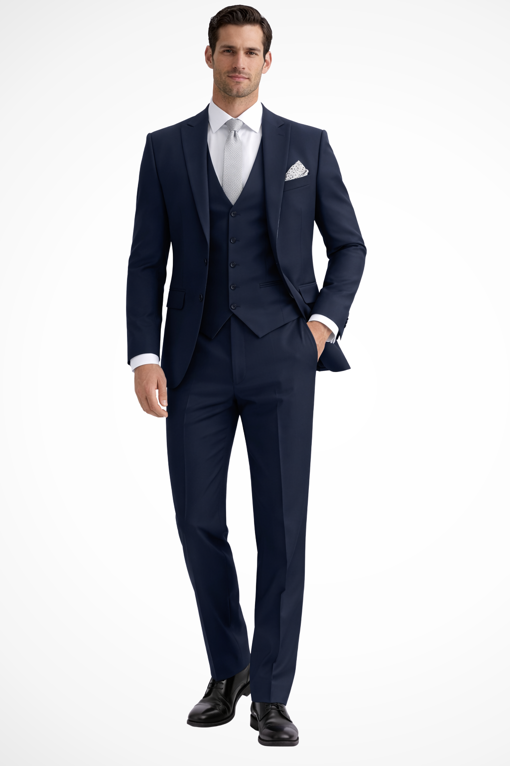 Men's elegant 3-piece suit, slim fit, designed for wedding guests & formal occasions, featuring a peak lapel.
