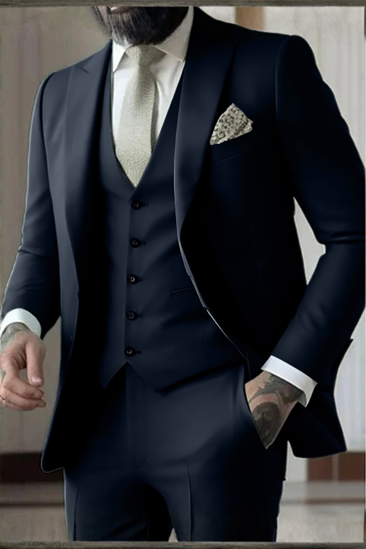 Professional men's fashion: a slim fit 3-piece suit with a crisp peak lapel, perfect for any special event.
