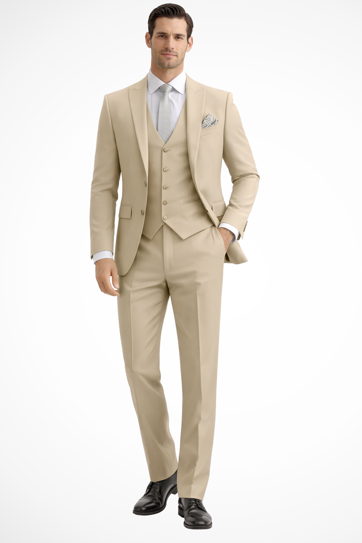 Complete men's slim fit 3-piece suit, including vest, featuring a stylish peak lapel, ready for formal wear.