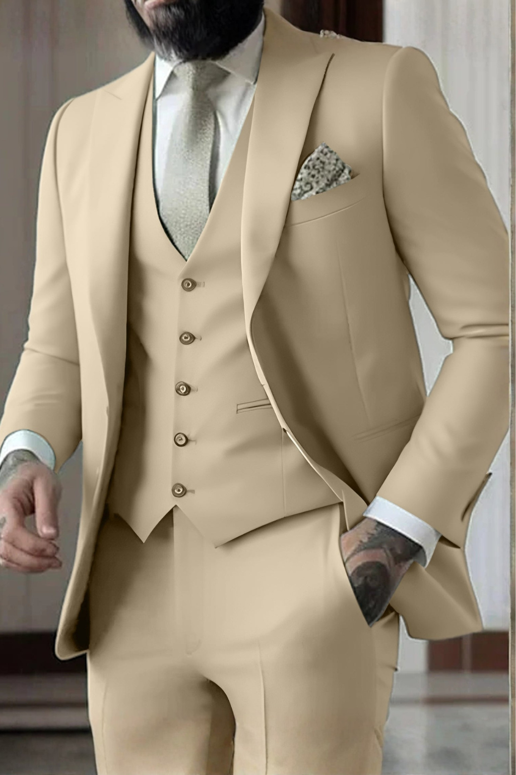 Men's Slim Fit 3-Piece Wedding Guest Suit with Peak Lapel, a tailored modern formal wear choice.