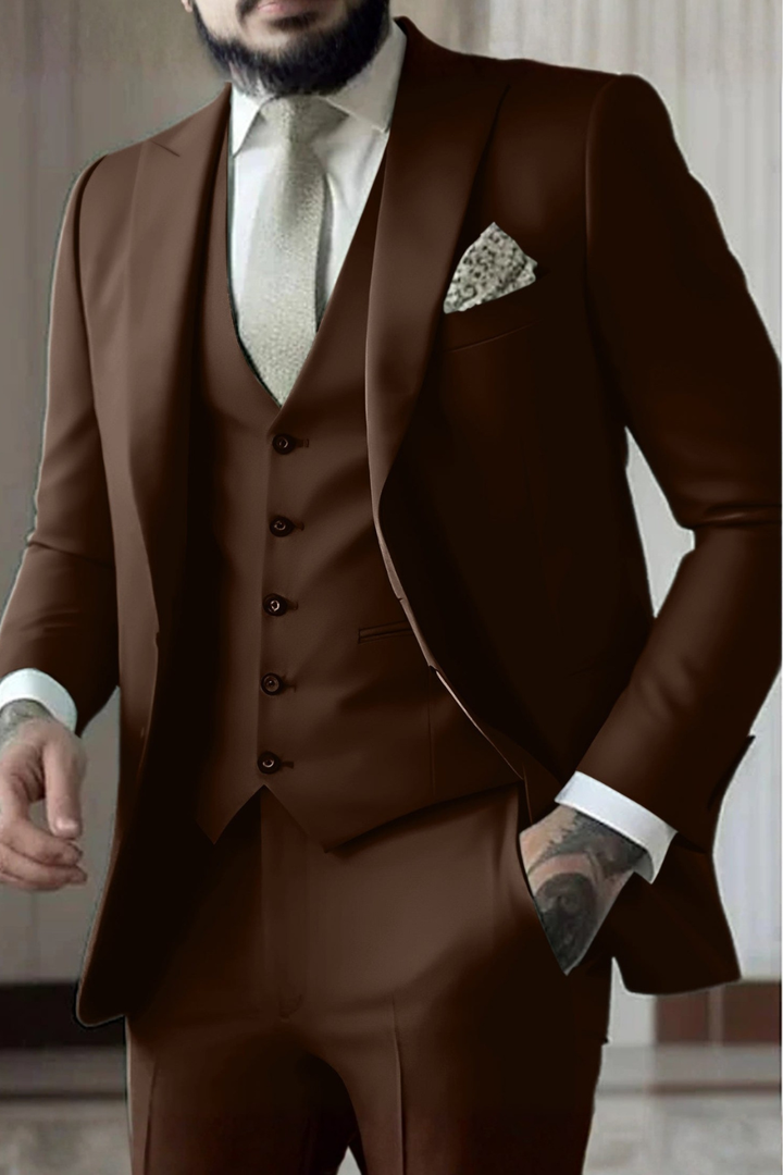 Stylish men's wedding guest suit, 3-piece slim fit, featuring a sharp peak lapel for a polished look.