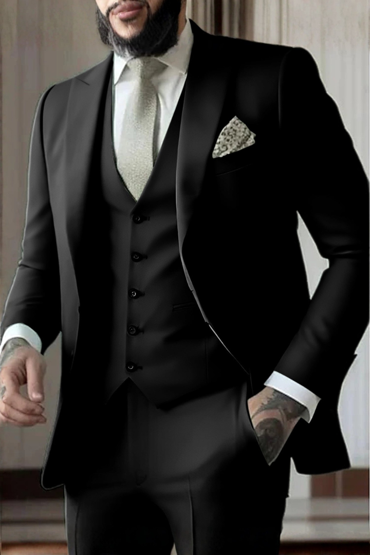 Tailored men's 3-piece suit, slim fit, showcasing the stylish peak lapel, ideal for wedding guest attire.