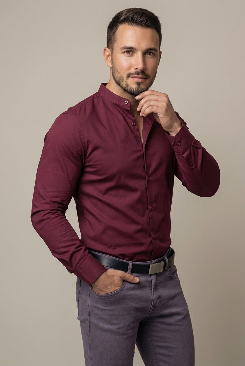High-quality men's slim fit band collar long sleeve button-down shirt, for contemporary fashion.