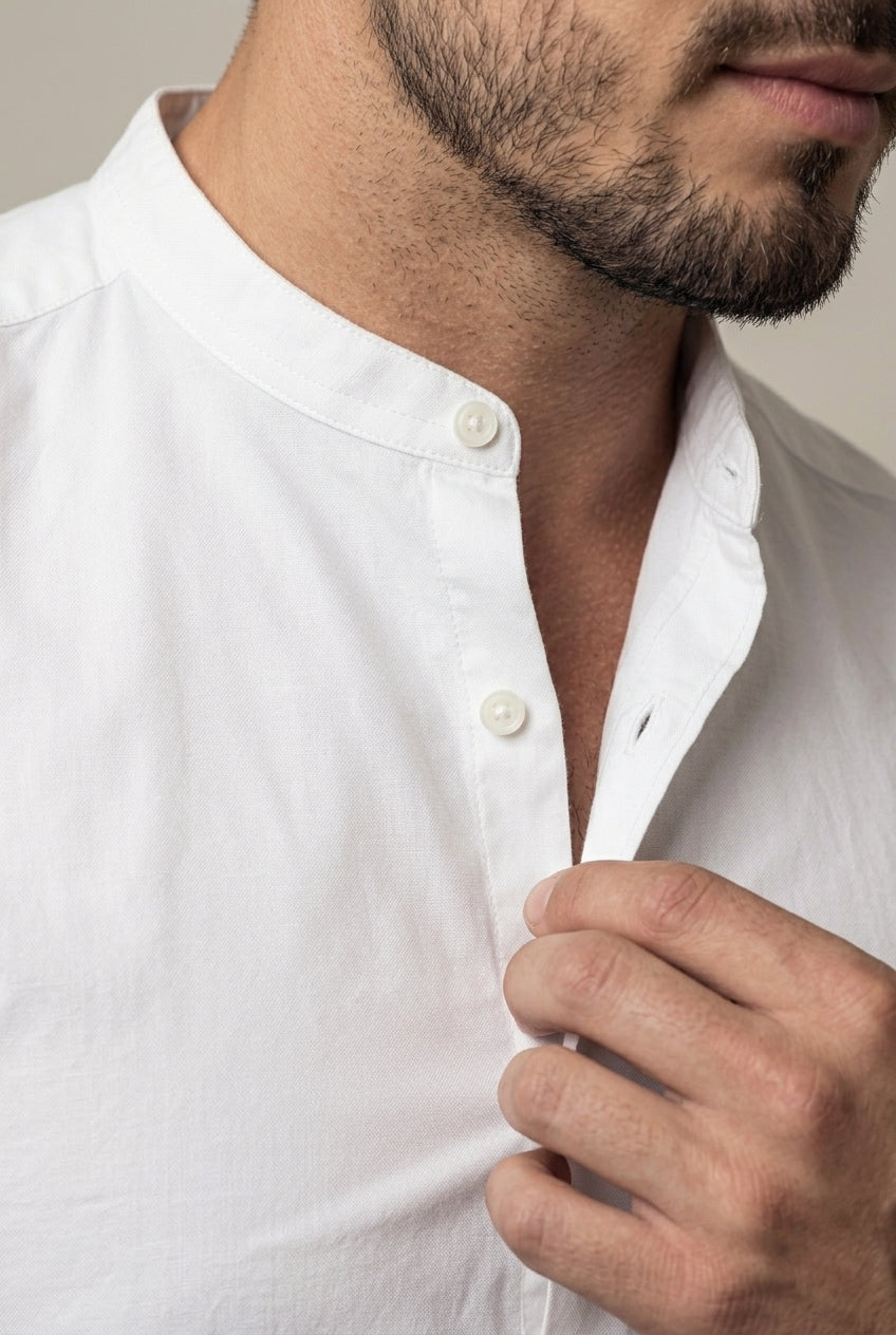 Stylish men's slim fit band collar shirt, button-down for smart casual or workwear.