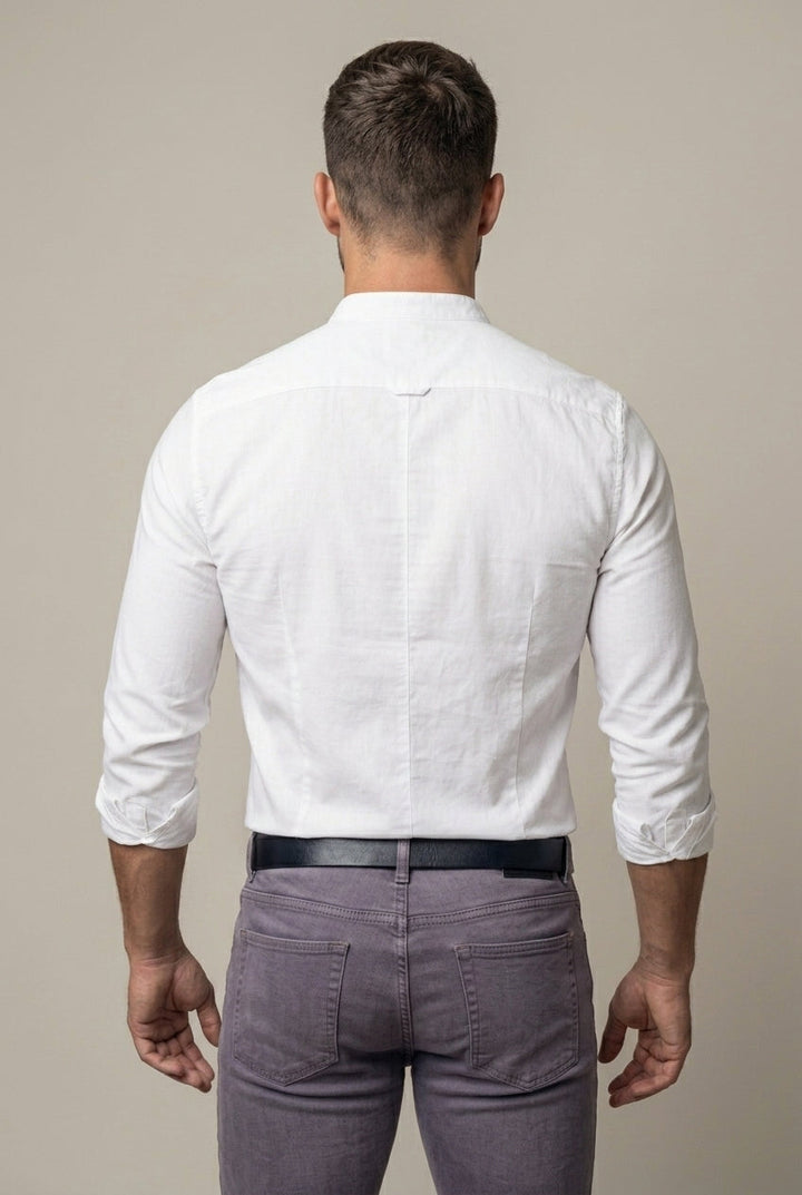 Long sleeve men's slim fit band collar shirt, perfect for a modern fashion look.