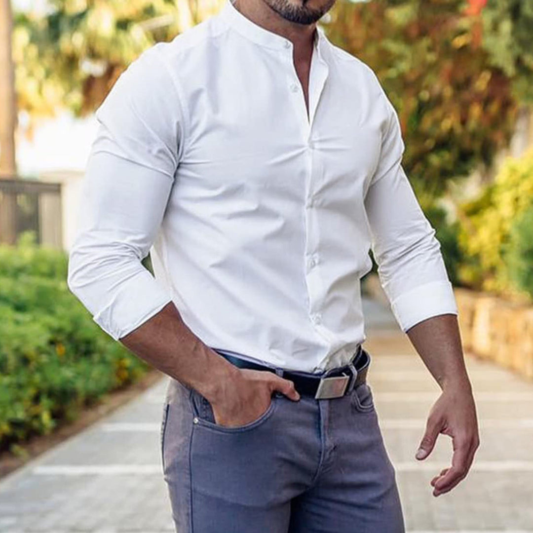 Men's casual slim fit band collar button-down shirt, versatile and trendy.