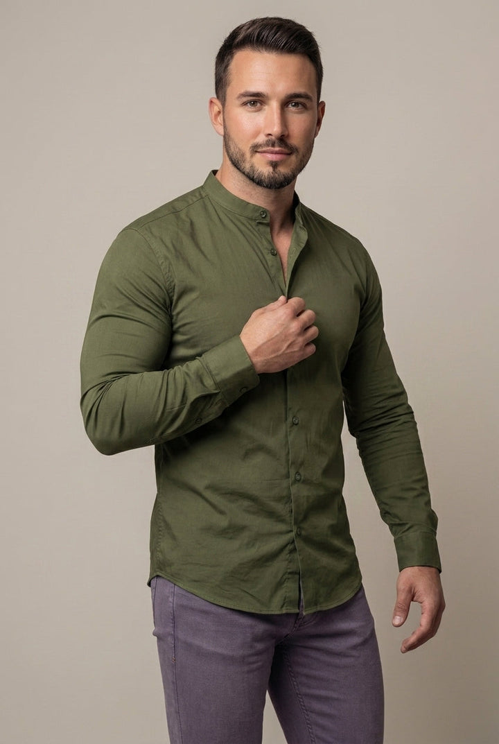 Close-up of a men's slim fit band collar, long sleeve button-down shirt details.