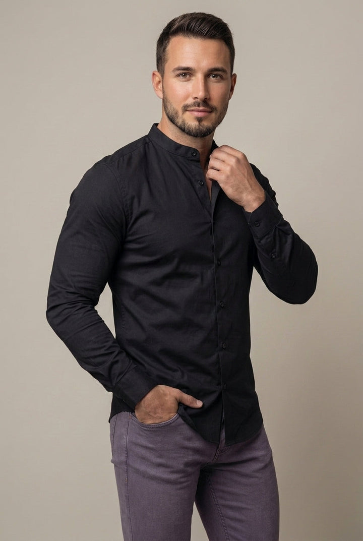 Man wearing a modern slim fit band collar button-down shirt, ideal for smart casual.