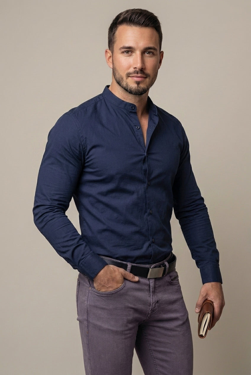 Fashionable men's slim fit band collar shirt, button-down, a modern wardrobe essential.