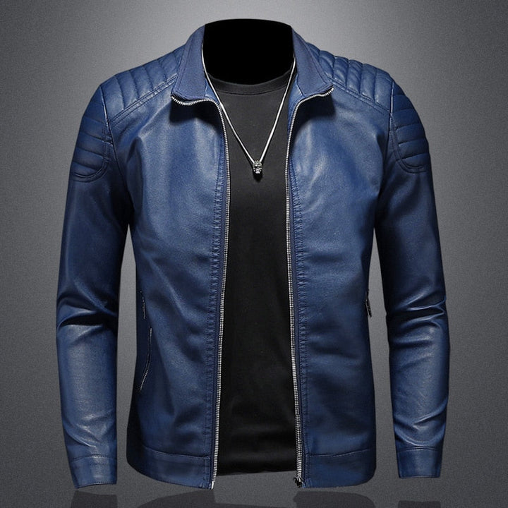 Men's slim-fit biker jacket with quilted shoulders, a stand collar, and modern edgy style. Perfect casual outerwear.