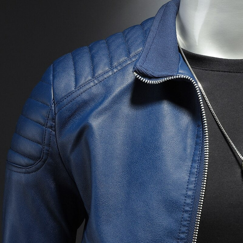 Stylish black slim-fit motorcycle jacket for men, featuring quilted shoulders and a stand collar. Edgy fashion.