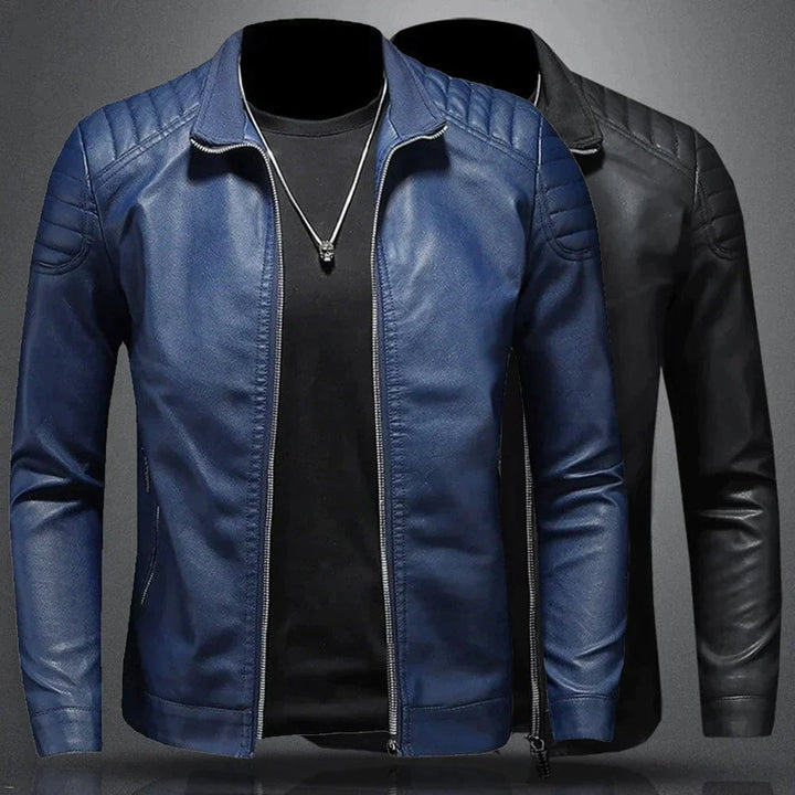 Modern men's slim-fit biker jacket, featuring detailed quilted shoulders and a sophisticated stand collar.