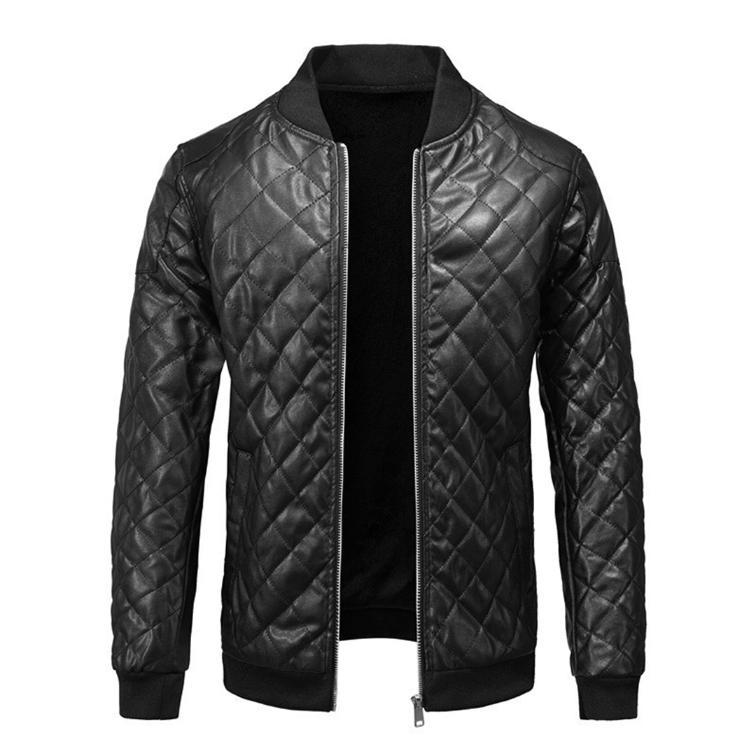 Men's slim fit black leather jacket for stylish everyday wear.