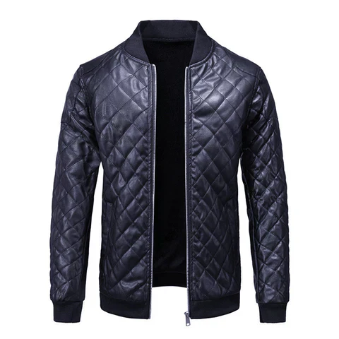 Close-up of men's slim fit leather jacket stitching detail.