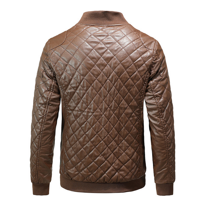 Man wearing a stylish slim fit leather jacket for a casual look.
