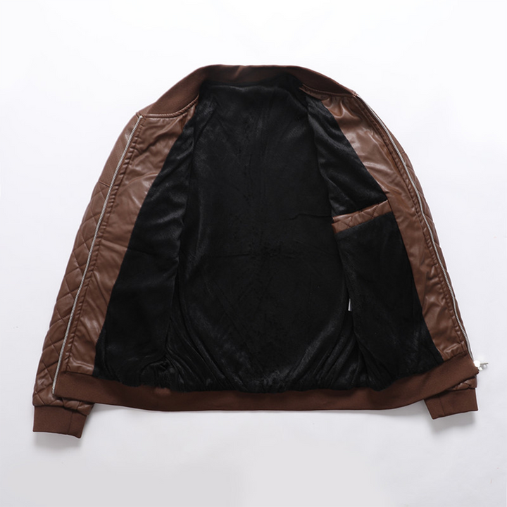 Model showcasing the smart casual appeal of this men's leather jacket.