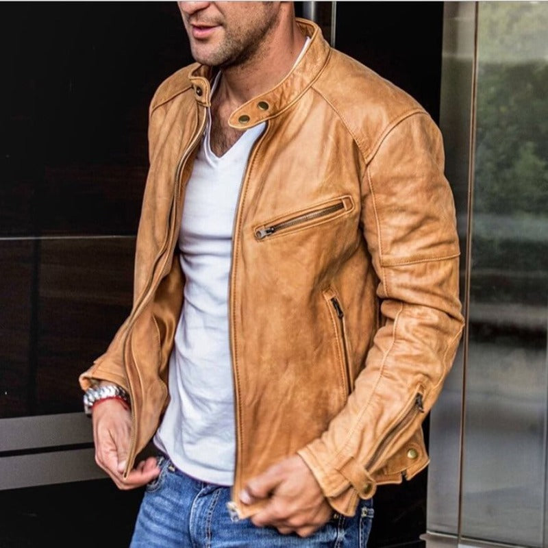 Men's slim fit black moto jacket with racer style, zip pockets, and snap collar for a sleek, confident look.