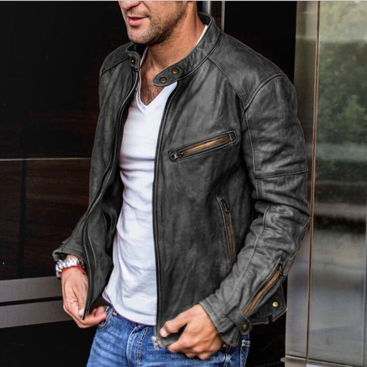 Stylish men's beige slim fit moto jacket, perfect versatile outerwear with modern design and zip details.