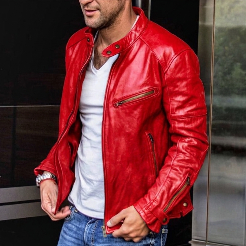 Men's maroon slim fit racer moto jacket, outerwear with confident style, zip pockets & snap collar.
