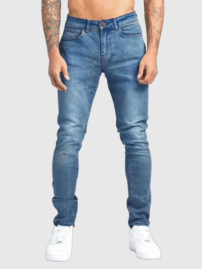 Men's slim fit blue jeans, classic five-pocket streetwear denim