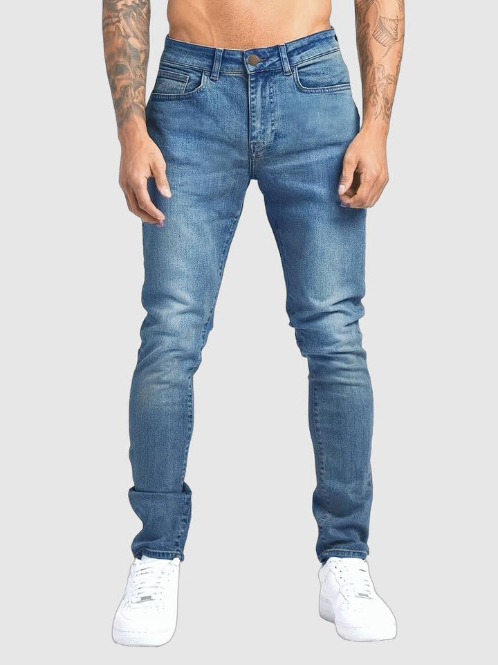 Men's slim fit blue jeans, classic five-pocket streetwear denim
