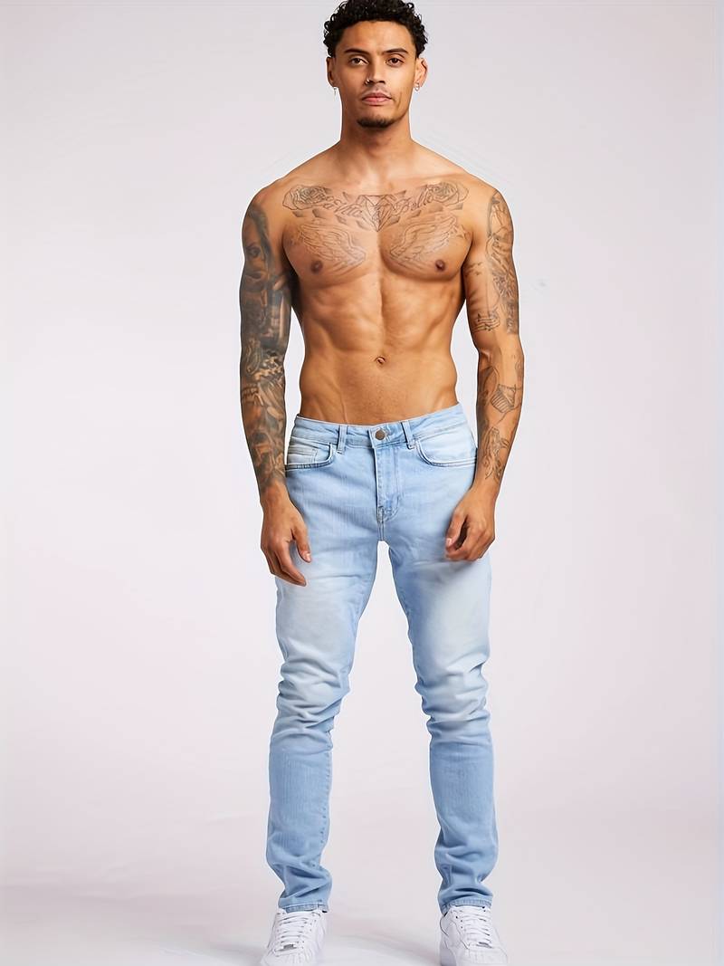 Front view of men's slim fit streetwear jeans, classic five-pocket design