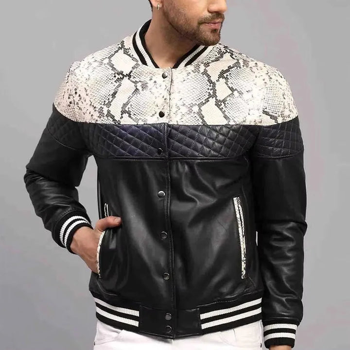 Men's slim fit bomber jacket with stand collar. Stylish black winter outerwear for casual men's fashion.