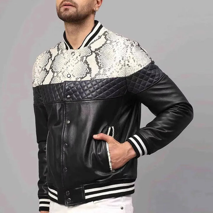 Stylish men's black bomber jacket, slim fit, stand collar. Perfect breathable winter outerwear for modern men.
